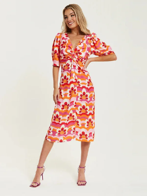 ACL Floral Knot Midi Dress Orange Fashionable Shift Midi Dress