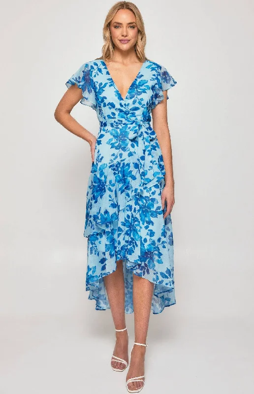 AJOY FLORAL CHIFFON TIERED FRILL HEM MIDI DRESS BLUE Fashionable Off-Shoulder Dress Midi