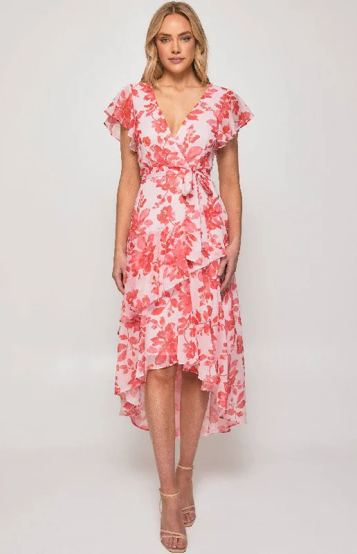 AJOY FLORAL CHIFFON TIERED FRILL HEM MIDI DRESS PINK Stylish Button-Up Midi Dress