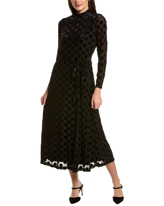 Anne Klein Velvet Polka Dot Midi Dress Stylish Pleated Skirt Midi Dress