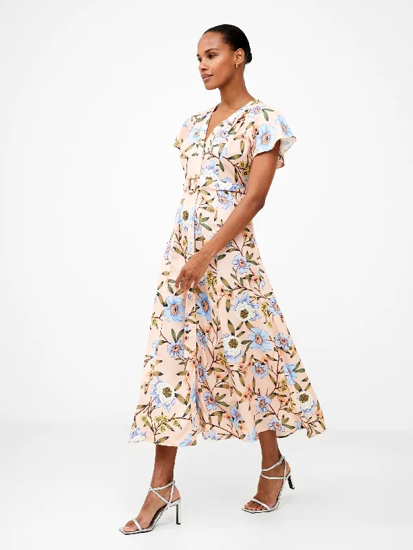 Floral Button-Through Belted Midi Dress Elegant Floral Appliqué Midi Dress