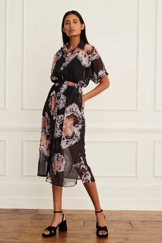 Black and Orange Printed Short Sleeve Tie Waist Midi Dress Cozy Knit Midi Dress
