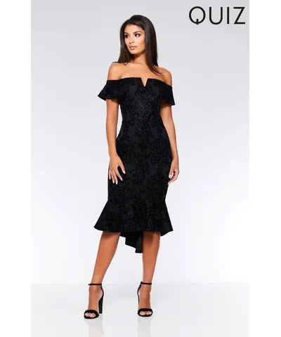 Black Bardot Frill Midi Dress Fashionable Wide Leg Midi Dress