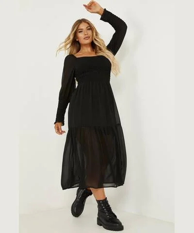 Black Chiffon Shirred Tiered Midi Dress Stylish Vintage Midi Dress