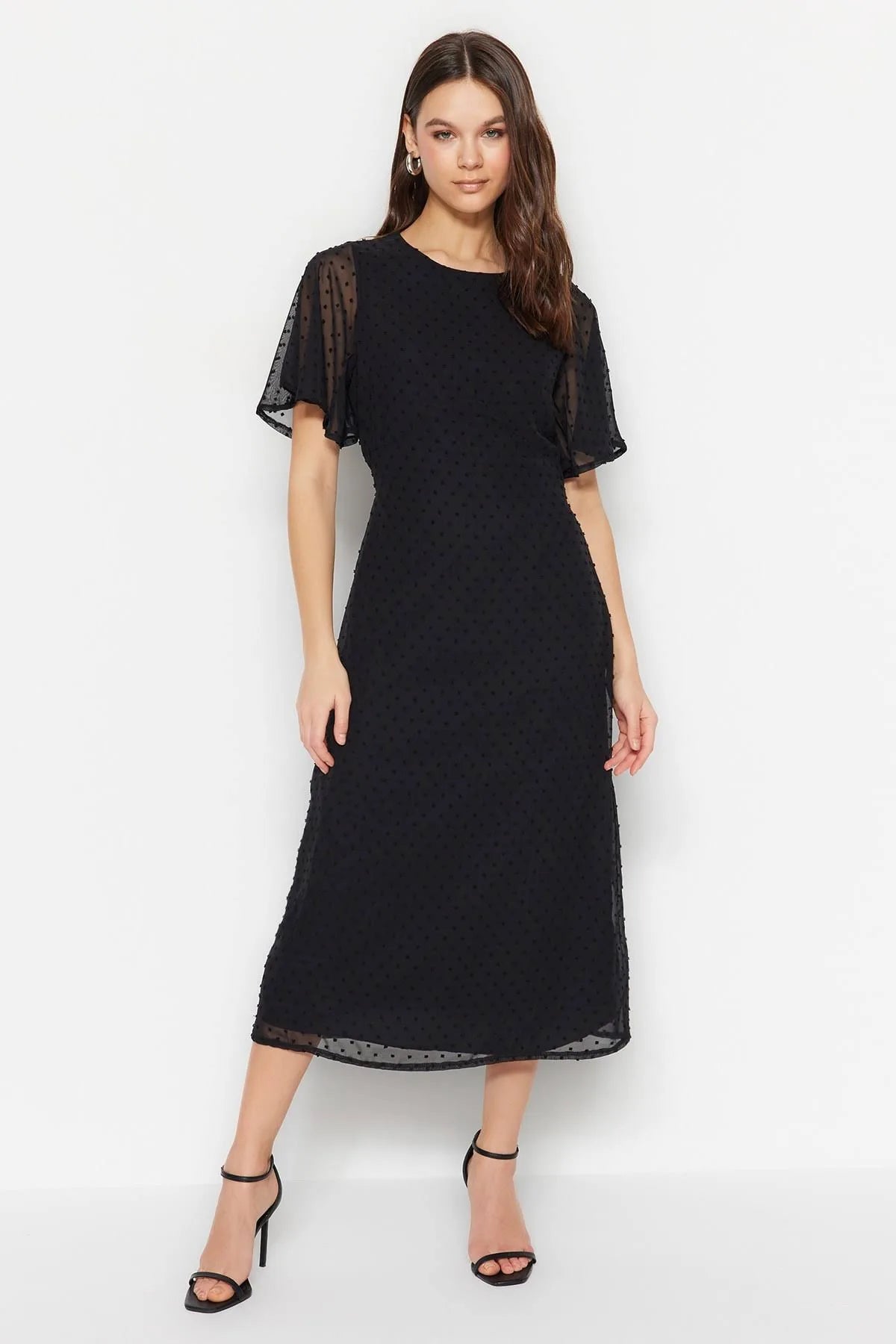 Black Woven Flared Sleeves Midi Dress Comfortable Casual Midi Dress