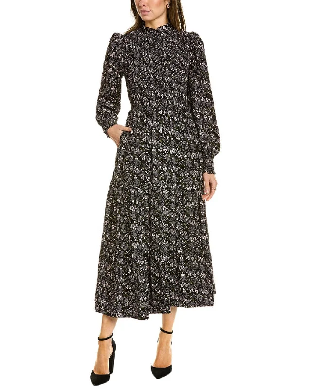 Boden Smocked Tiered Midi Dress Trendy Mock Neck Midi Dress