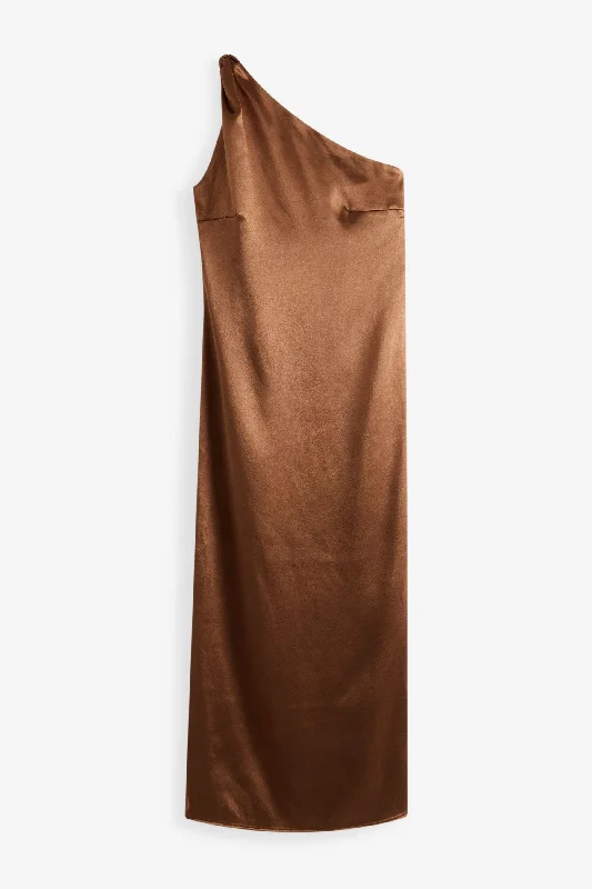 Brown Rochelle Satin One Shoulder Midi Dress Stylish High-Waisted Midi Dress