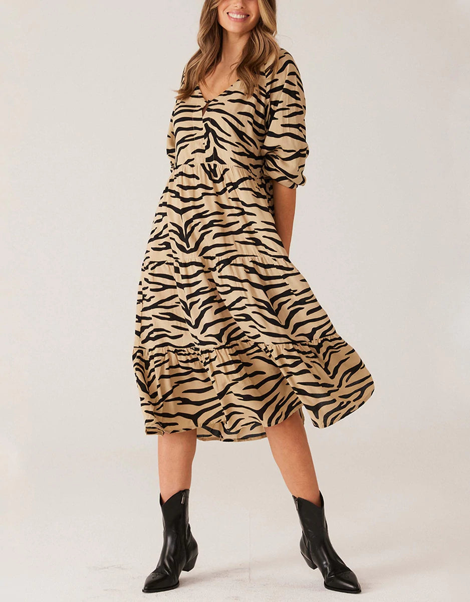 CARTEL & WILLOW CALI MIDI DRESS ZEBRA TAUPE Cozy A-Line Midi Dress