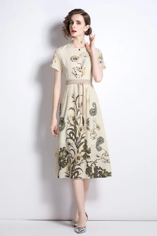 Creamy & Floral print Day A-line Crewneck Short Sleeve Midi Dress Trendy Knit Midi Dress