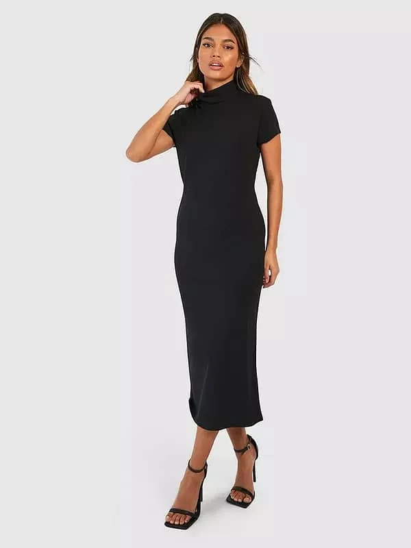 Crepe High Neck Bodycon Midi Dress Elegant Puff Sleeve Midi Dress
