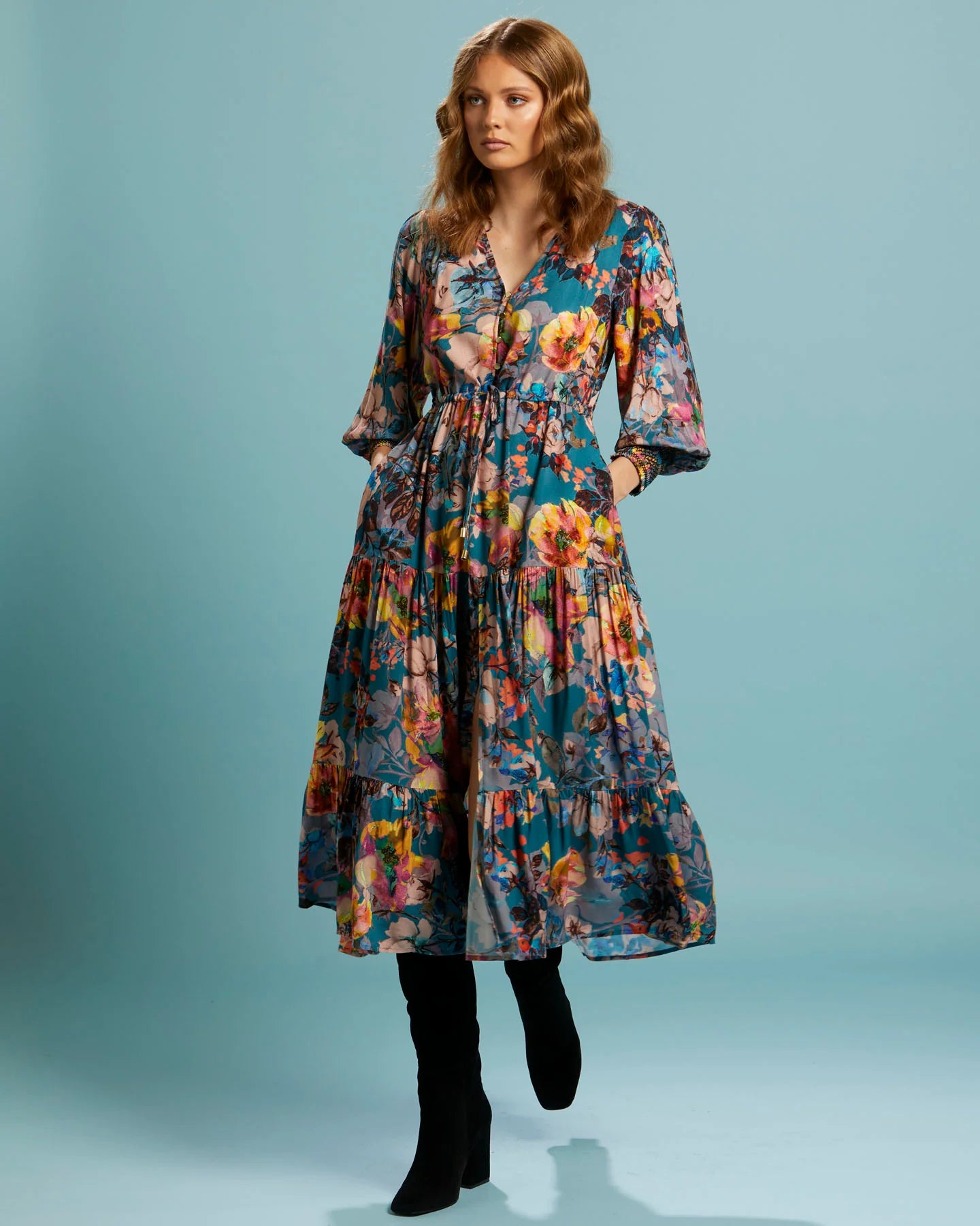 FATE+BECKER PURE SHORES TIERED MIDI DRESS TEAL BOUQUET Trendy Ruffle Hem Midi Dress