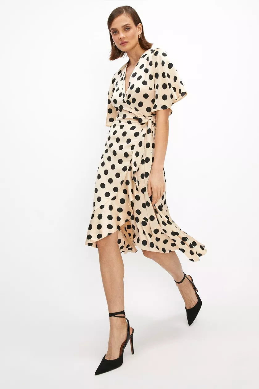 Flare Sleeve Wrap Satin Midi Dress Stylish Color Block Midi Dress