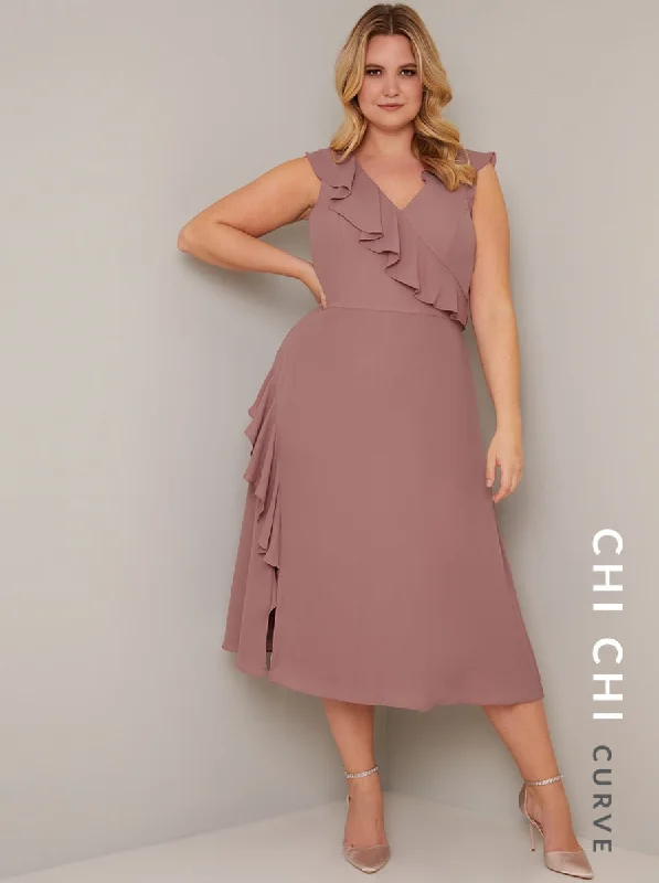 Frill Detail Midi Dress Pink Stylish Long Sleeve Floral Midi Dress