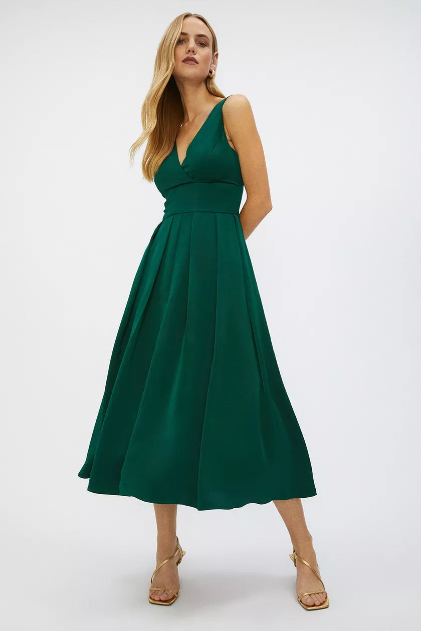 Full Skirted Satin Midi Dress Green Comfortable Stretch Midi Dress