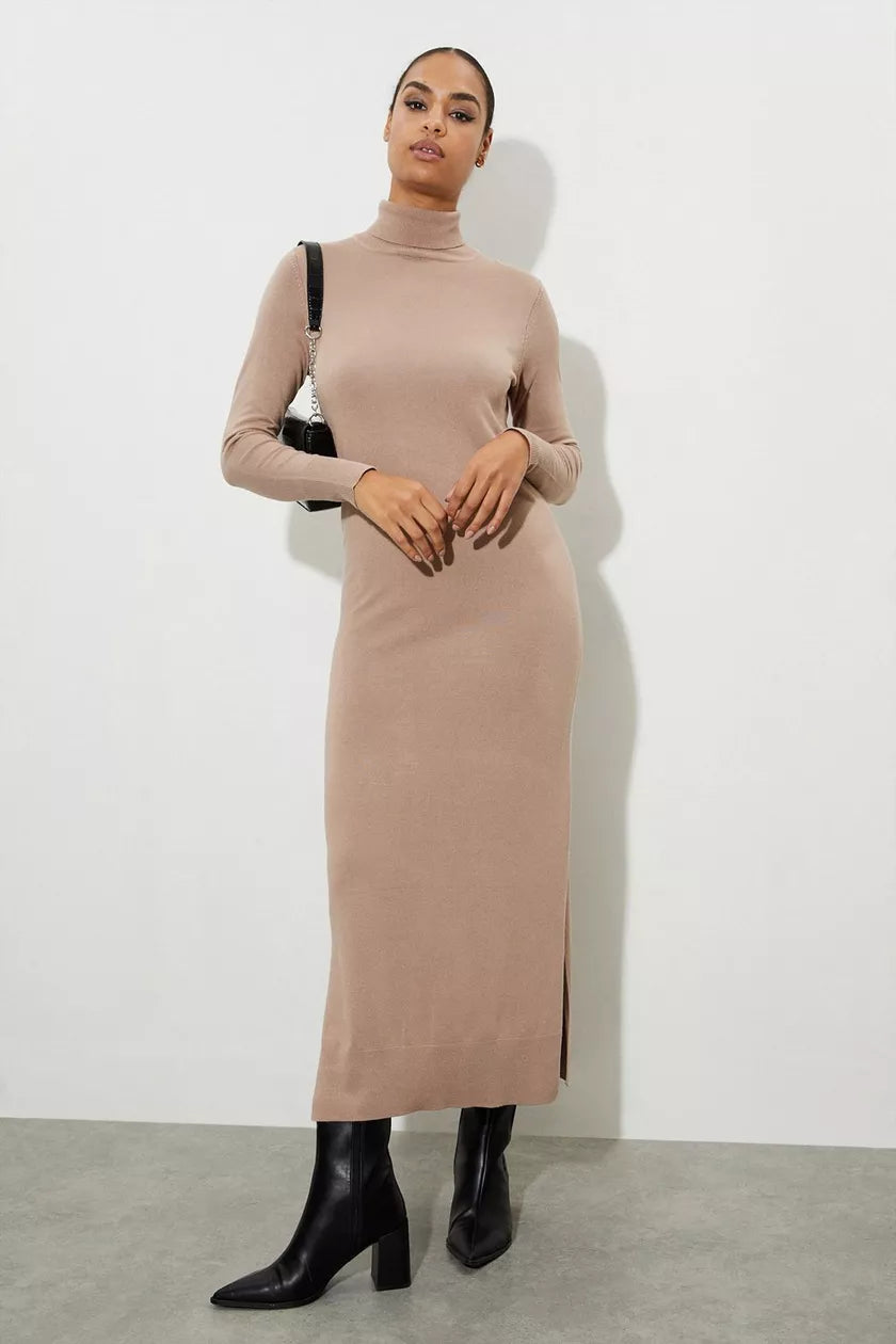 High Neck Slouchy Midi Dress Oatmeal Comfortable Knitwear Midi Dress