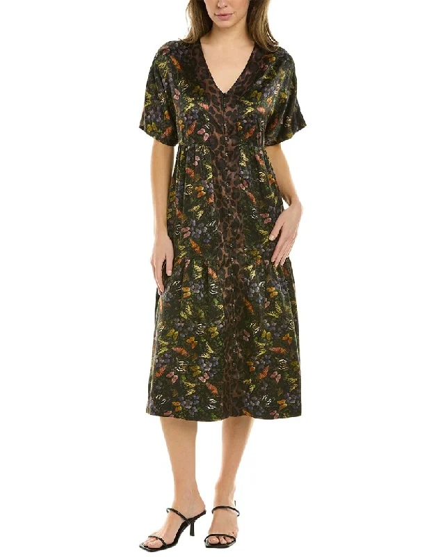 Johnny Was Midnight Mariposa Button Front Silk Midi Dress Fashionable Off-Shoulder Dress Midi