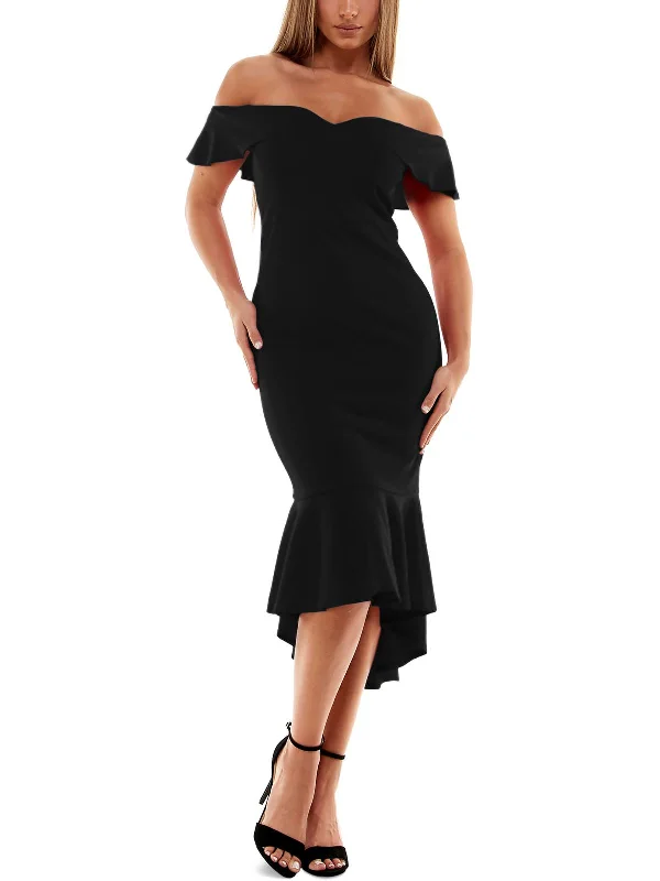 Juniors Womens Knit Off-The-Shoulder Midi Dress Cozy Wide Strap Midi Dress
