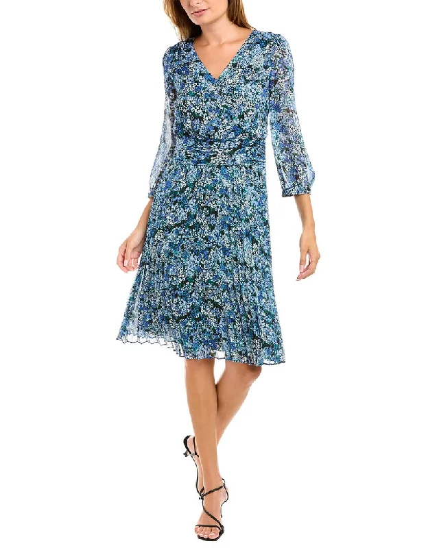 KARL LAGERFELD Floral Chiffon Pleated Midi Dress Stylish Long Sleeve Floral Midi Dress