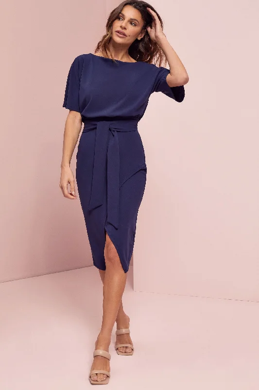 Kimono Sleeve Belted Midi Dress Navy Comfortable Fit-and-Flare Midi Dress