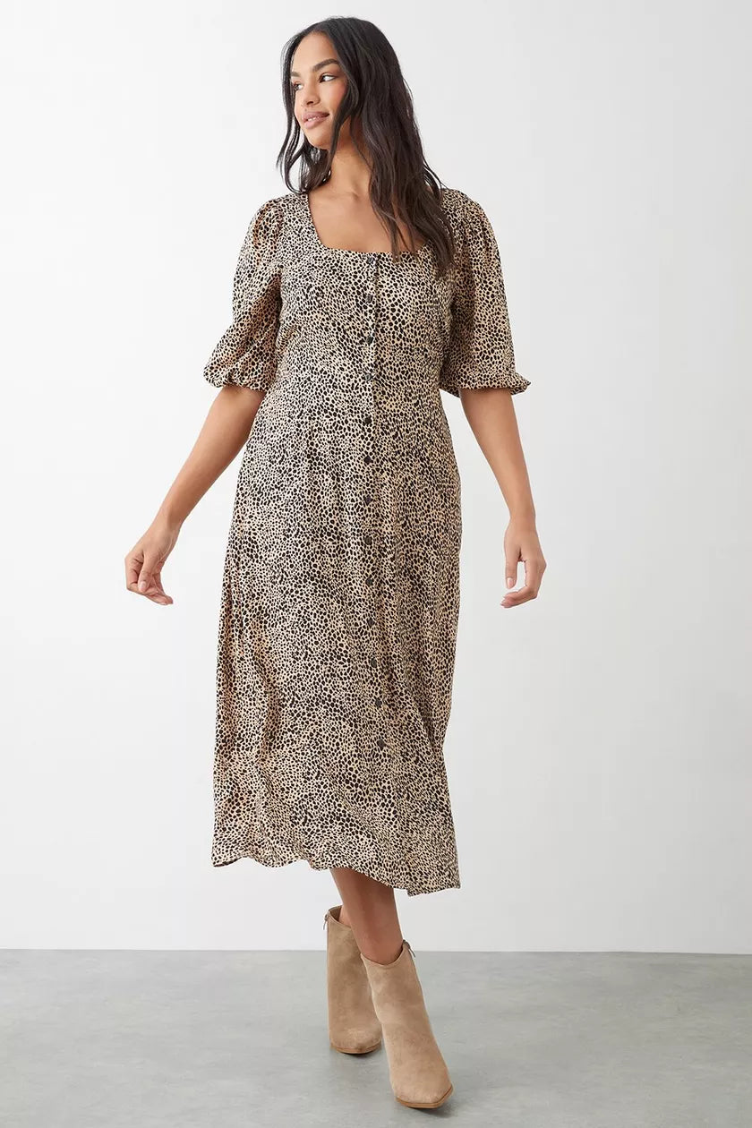 Leopard Print Button Through Midi Dress Fashionable Pencil Midi Dress