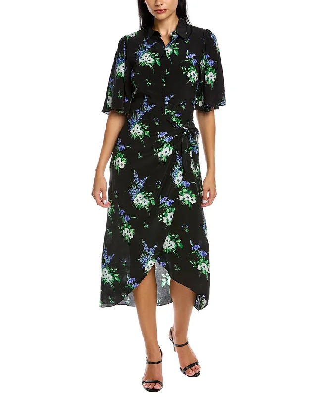 Les Reveries Flutter Sleeve Silk Midi Dress Chic Floral Print Midi Dress