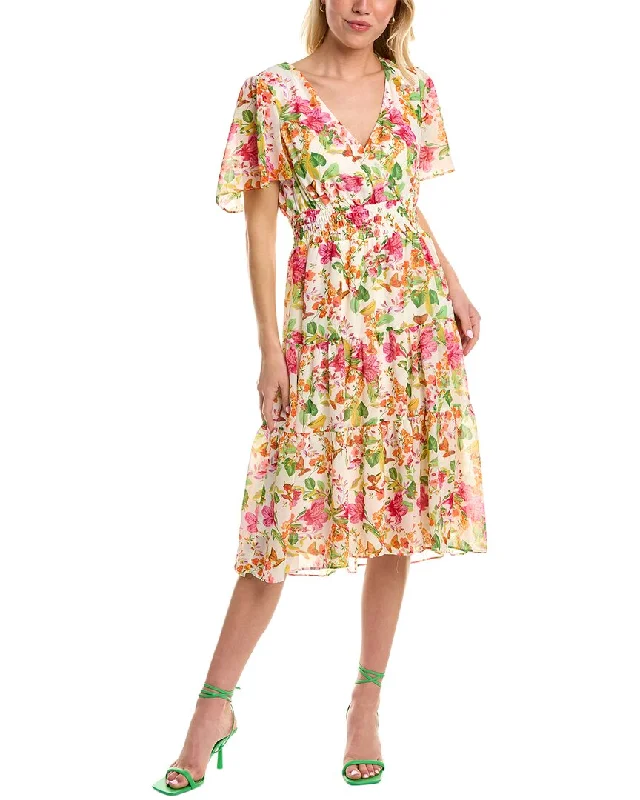 MAISON TARA Smocked Midi Dress Stylish Cold Shoulder Midi Dress