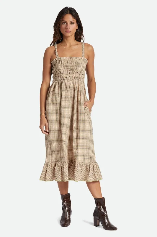 Malta Seersucker Midi Dress - Sand Trendy Fit-and-Flare Midi Dress