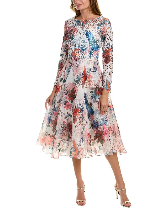 Marchesa Notte Eyelet Bodice Midi Dress Elegant Faux Wrap Midi Dress