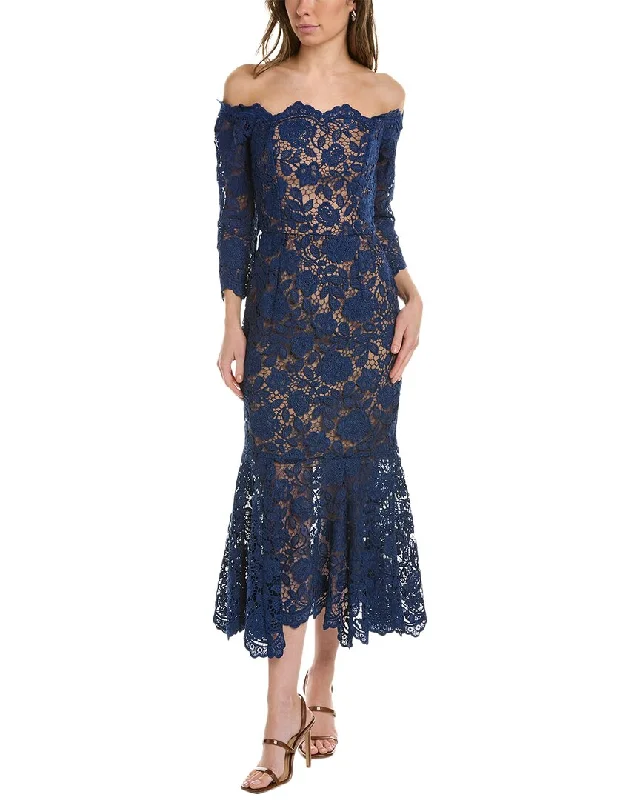 Marchesa Notte Off-The-Shoulder Midi Dress Fashionable Pleated Midi Dress