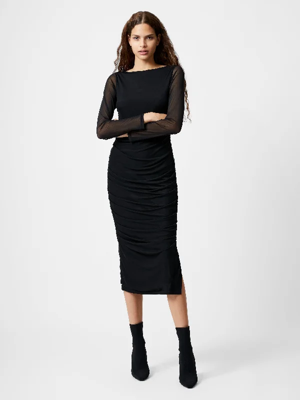 Mesh Ruched Long Sleeve Midi Dress Trendy Ruffled Sleeve Midi Dress