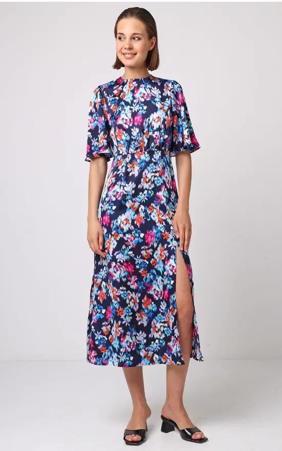 Midi Dress With Side Slit In Navy Print Fashionable A-Line Midi Dress