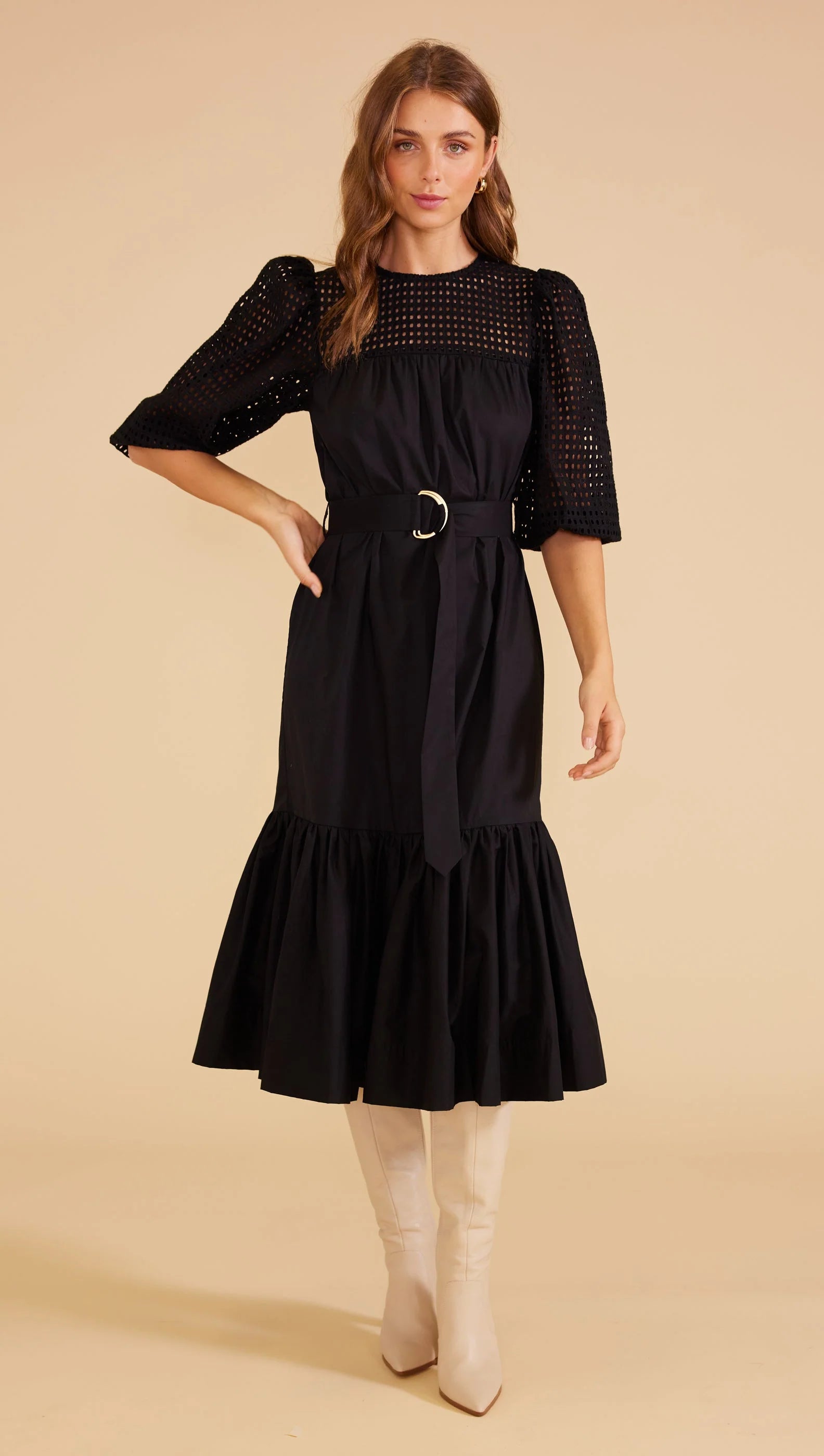 MINK PINK LUCIA BELTED MIDI DRESS BLACK Elegant V-Neck Midi Dress
