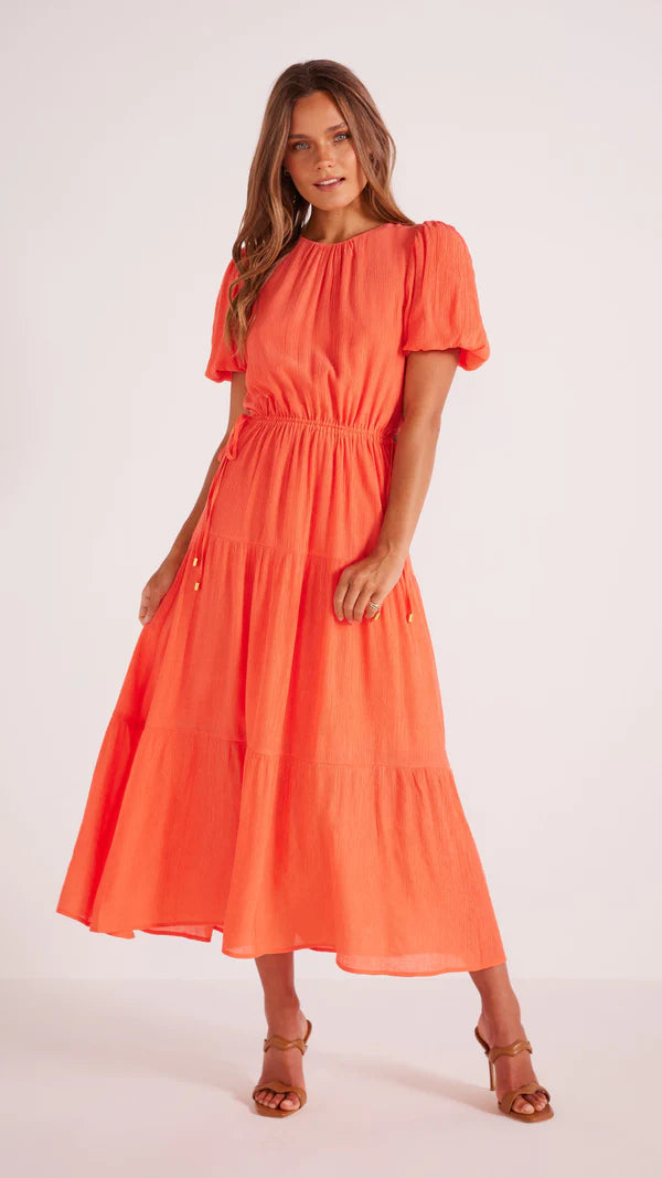 MINKPINK KELELA MIDI DRESS CORAL Chic Off-Shoulder Midi Dress