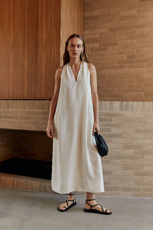 Morgan Halter Midi Dress Elegant Pleated Sleeve Midi Dress
