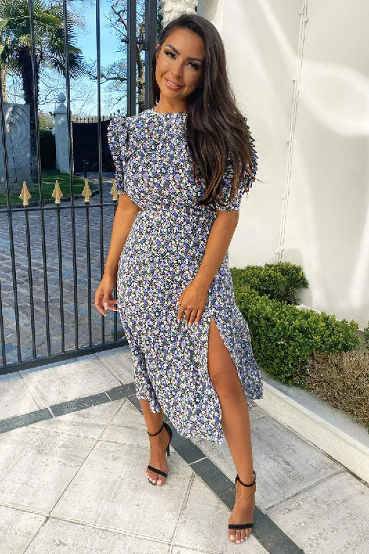 Multi Floral Pleated Sleeve Midi Dress Comfortable Draped Midi Dress