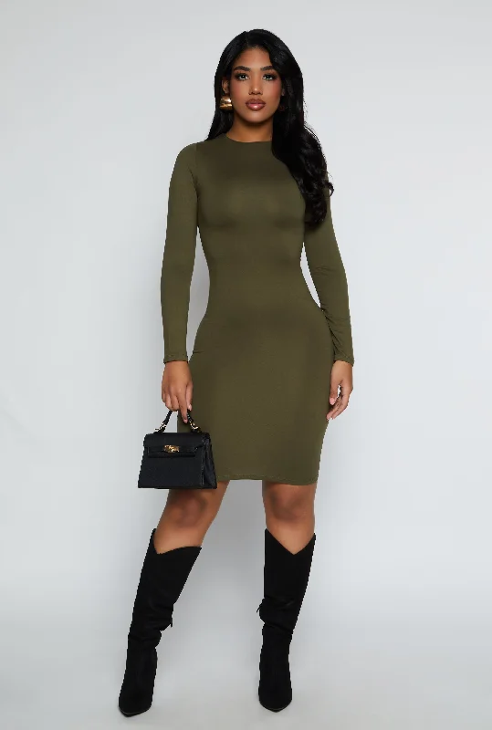 High Neck Long Sleeve Midi Dress Cozy Knit Midi Dress