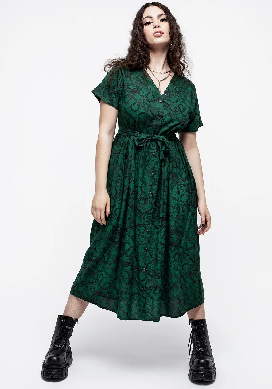 Ophidia Snake Print Button Up Midi Dress - Green Comfortable Ruched Midi Dress