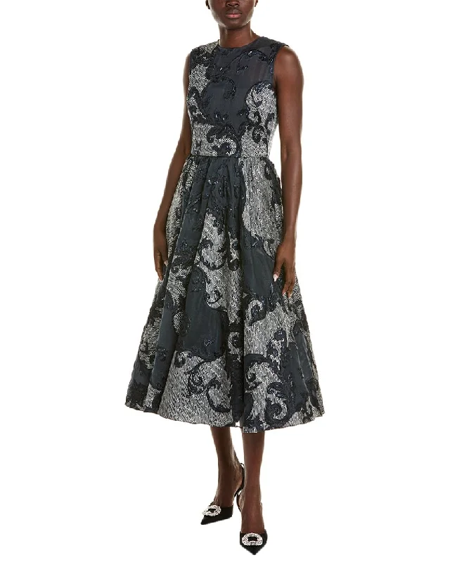 Oscar de la Renta Chevron Scroll Fil Coupe Silk-Blend Midi Dress Elegant Maxi-Midi Hybrid Dress