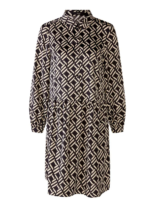 Oui Patterned Midi Dress Black & Camel Chic Off-Shoulder Midi Dress