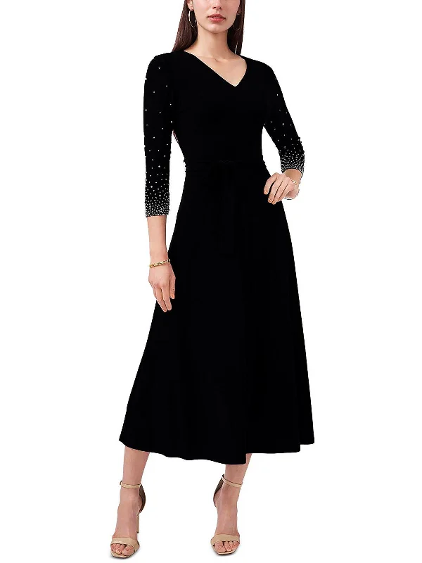 Petites Womens Beaded Mid Calf Midi Dress Chic Floral Print Midi Dress