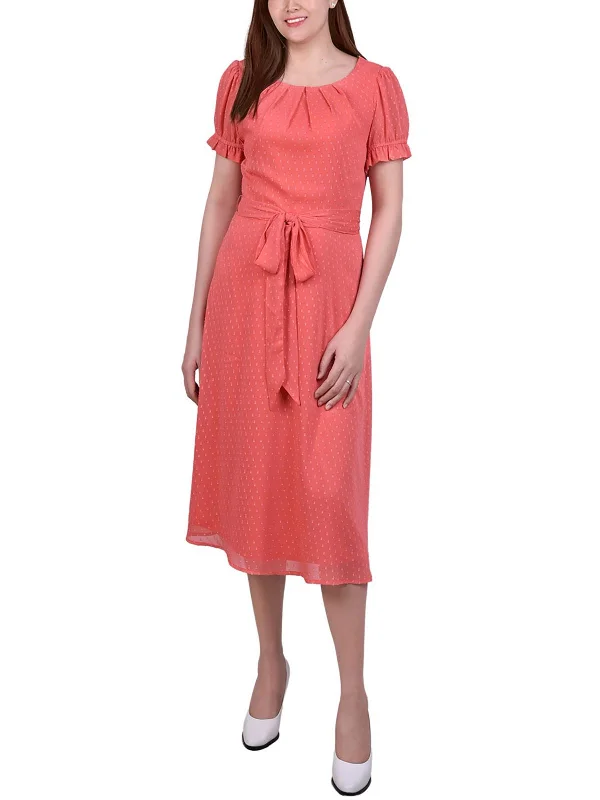 Petites Womens Chiffon Knee-Length Midi Dress Elegant Lace Trim Midi Dress
