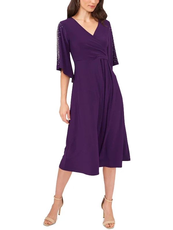 Petites Womens Fauxwrap Calf Midi Dress Elegant Pleated Detail Midi Dress