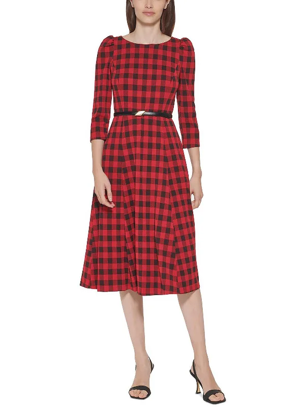 Petites Womens Plaid Knee Midi Dress Comfortable Button Front Midi Dress