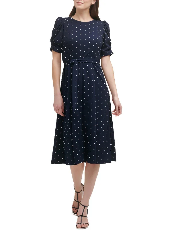 Petites Womens Polka Dot Knit Midi Dress Cozy Midi Dress with Pockets