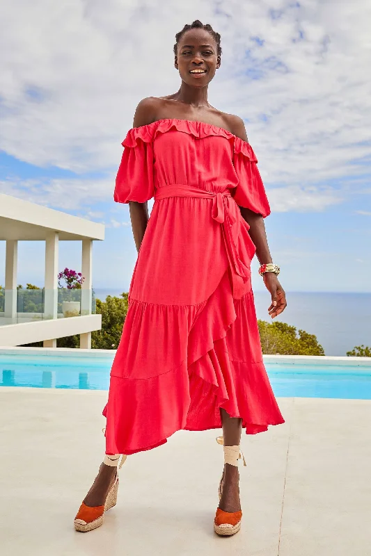 Pink Off Shoulder Midi Dress Stylish Vintage Midi Dress