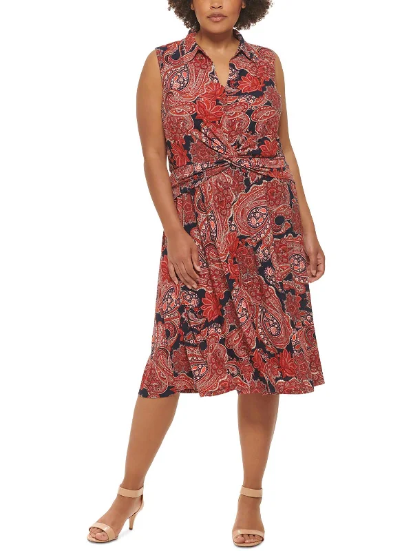 Plus Womens Paisley Print Twist Front Midi Dress Elegant Satin Slip Midi Dress