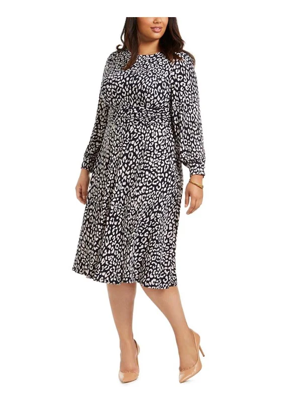 Plus Womens Printed Long Sleeve Midi Dress Fashionable High-Neck Midi Dress