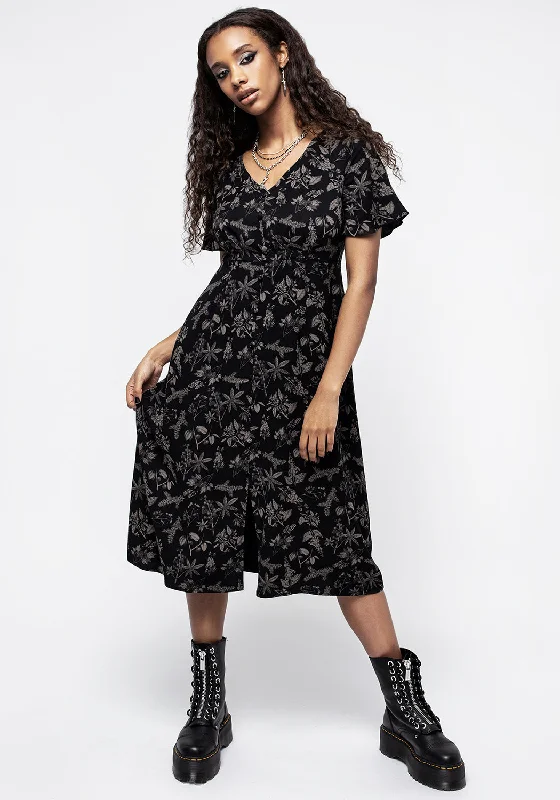 Poisonous Plants Short Sleeve Midi Dress Stylish Off-Shoulder Ruffle Dress