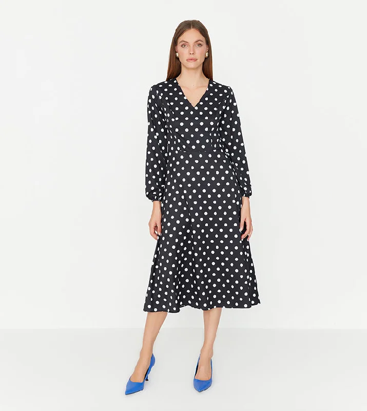 Black Woven Polka Dot Midi Dress Cozy A-Line Midi Dress