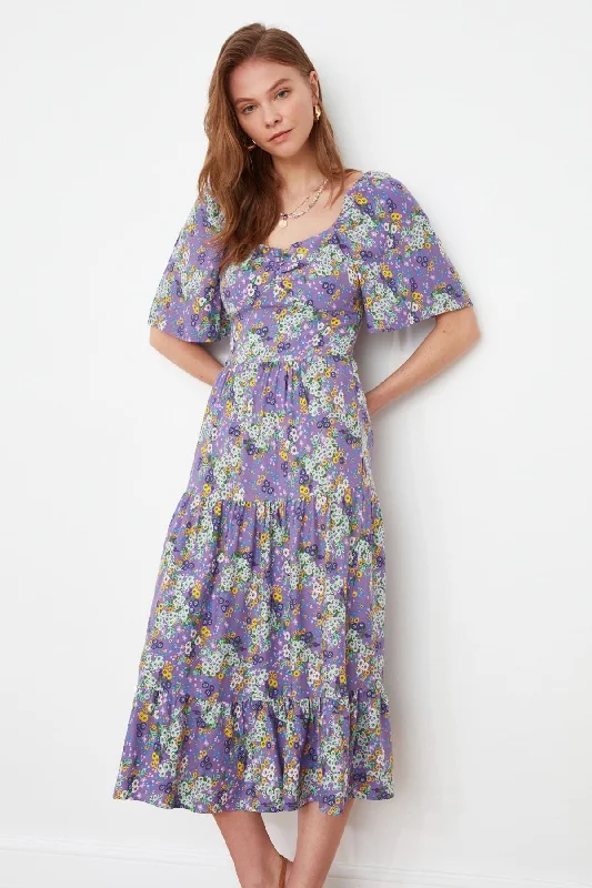 Purple Floral Woven Midi Dress Trendy Flared Sleeve Midi Dress